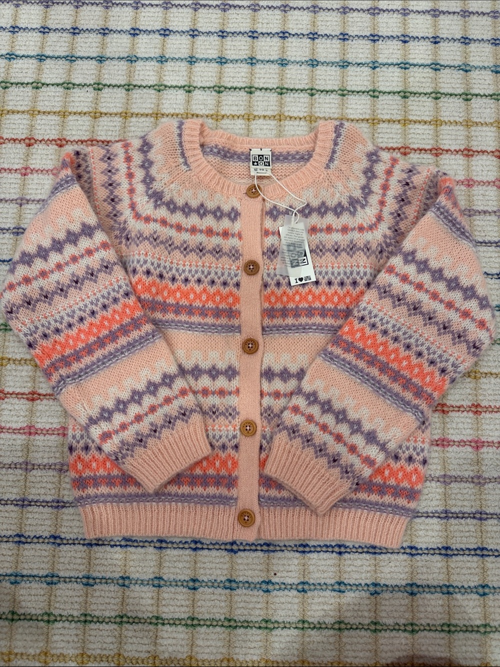 NWT Girls Bonton Pink Fair Isle Knit Cardigan with Purple Pink and Coral Accents